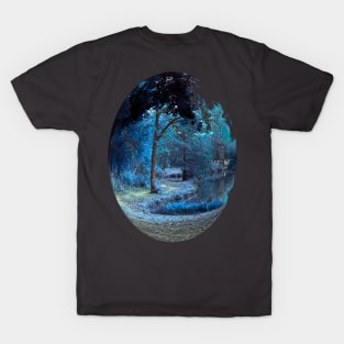 Beautiful Blue Fantasy Trail Scene with Blue Leaves - Tomahawk Creek Pond Overland Park KS T-Shirt